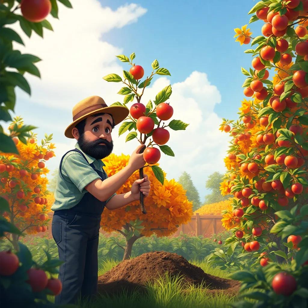 The small apple tree being carefully removed by the farmer, who looks a little sad, the vibrant orange and pomegranate trees watching, beautiful garden scene, bright sky above, digital painting, emotional yet uplifting, joyful colors