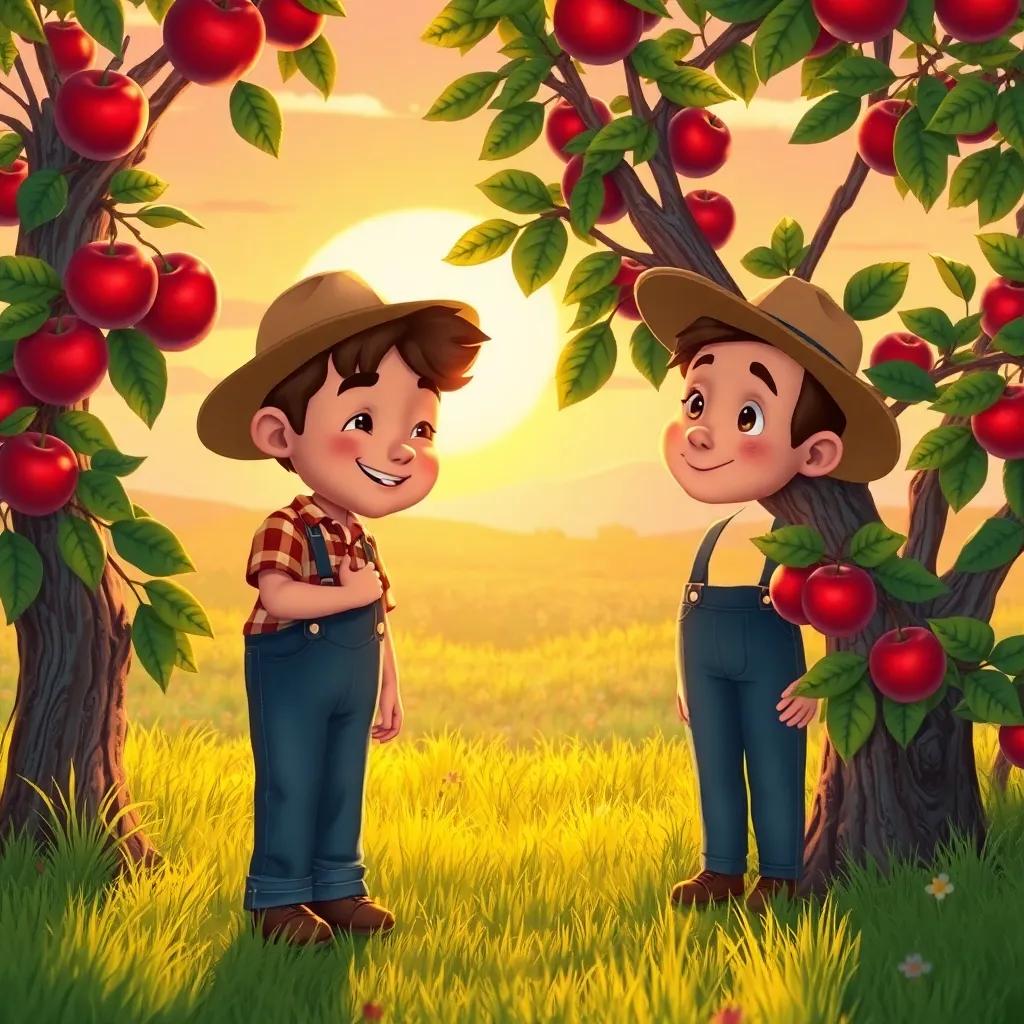 The farmer saying goodbye to the apple tree, with a gentle smile, the sun setting behind them, creating a touching farewell moment, lovely colors, warm lights, nostalgic feeling, child-friendly