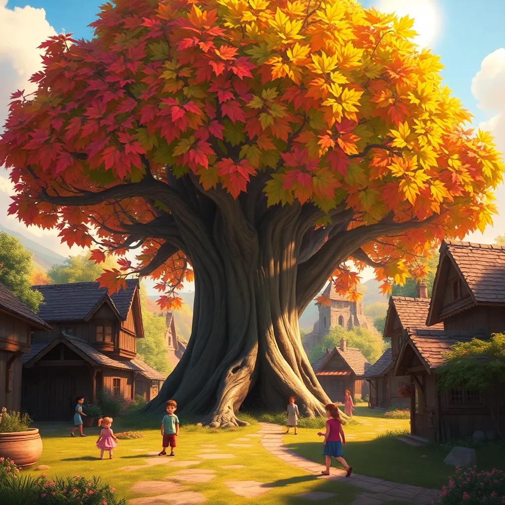 A large, magical tree called the Tree of Wonders with vibrant leaves in a small village, children playing around it, sun shining, fantasy art, colorful, warm atmosphere, high quality