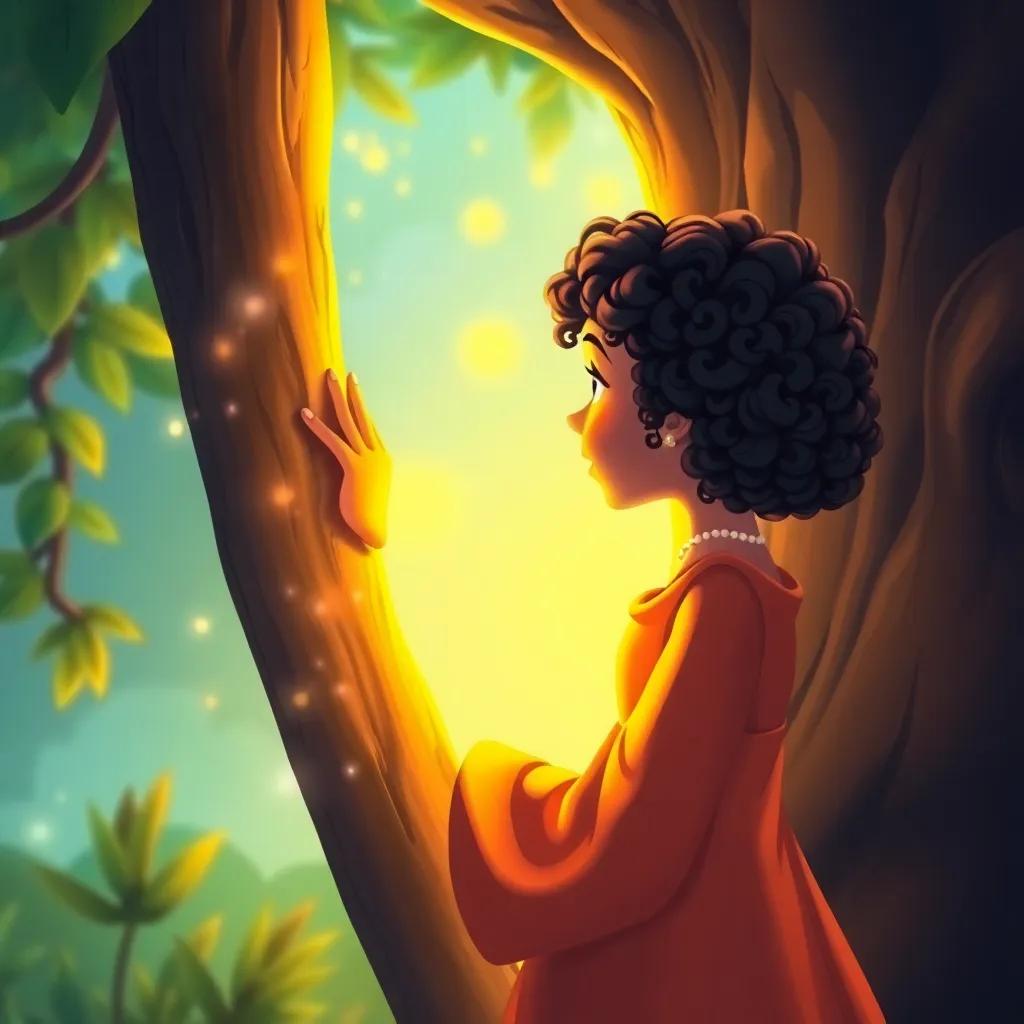 A girl named Mariam, a young Arab girl with curly hair, wearing a bright dress, touching the trunk of the Tree of Wonders, feeling warmth, magical light surrounding her, enchanting atmosphere, detailed illustration, uplifting