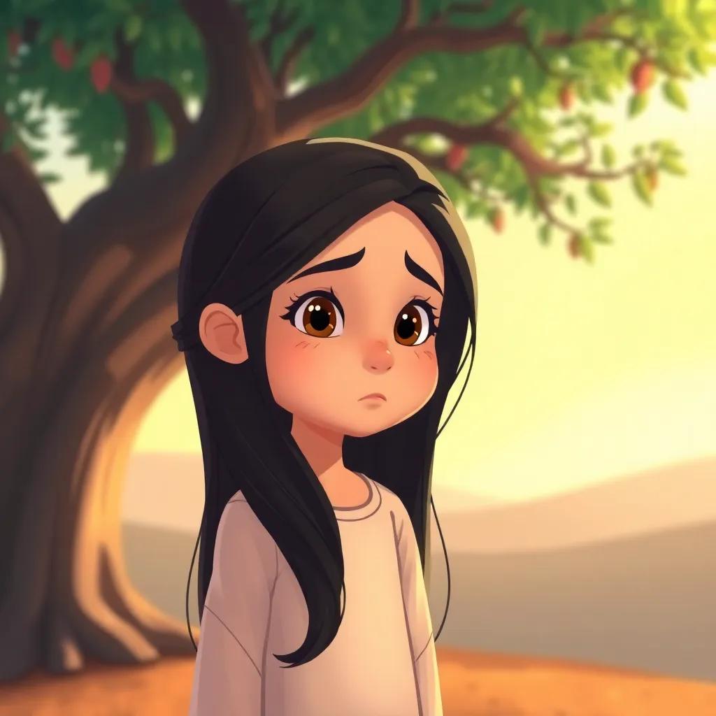 A girl named Samia, a young Arab girl with long black hair, looking sad in front of the Tree of Wonders, wearing a simple dress, soft colors, conveying emotions, child-friendly art style, gentle expressions