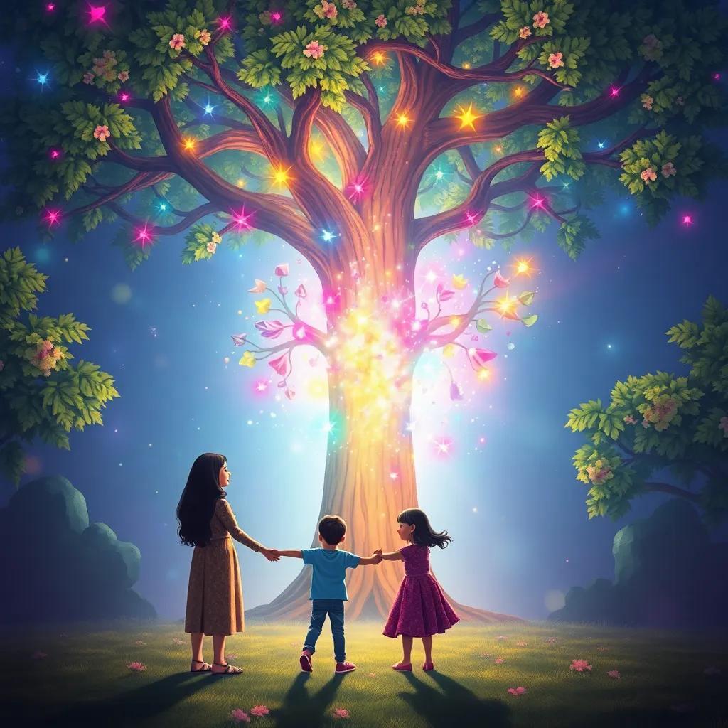 Mariam and Samia holding hands in front of the Tree of Wonders, a burst of colors and light emerging from the trunk, symbolizing their hidden talents, joyful atmosphere, inspirational digital painting