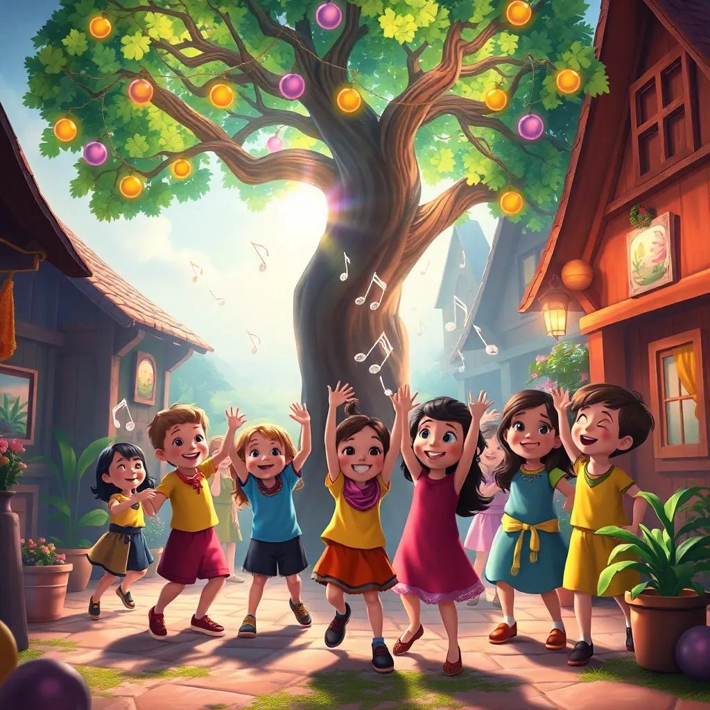 Children in the village celebrating and dancing under the Tree of Wonders, surrounded by colorful paintings and music notes, joyful expressions, festive environment, bright and cheerful light, high-quality art