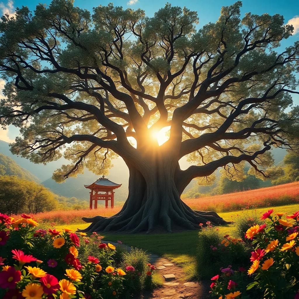 A majestic frankincense tree with prominent branches and strong roots, standing in a vibrant landscape filled with colorful flowers and bright sunlight, digital art, lush and inviting atmosphere, rich colors, high quality