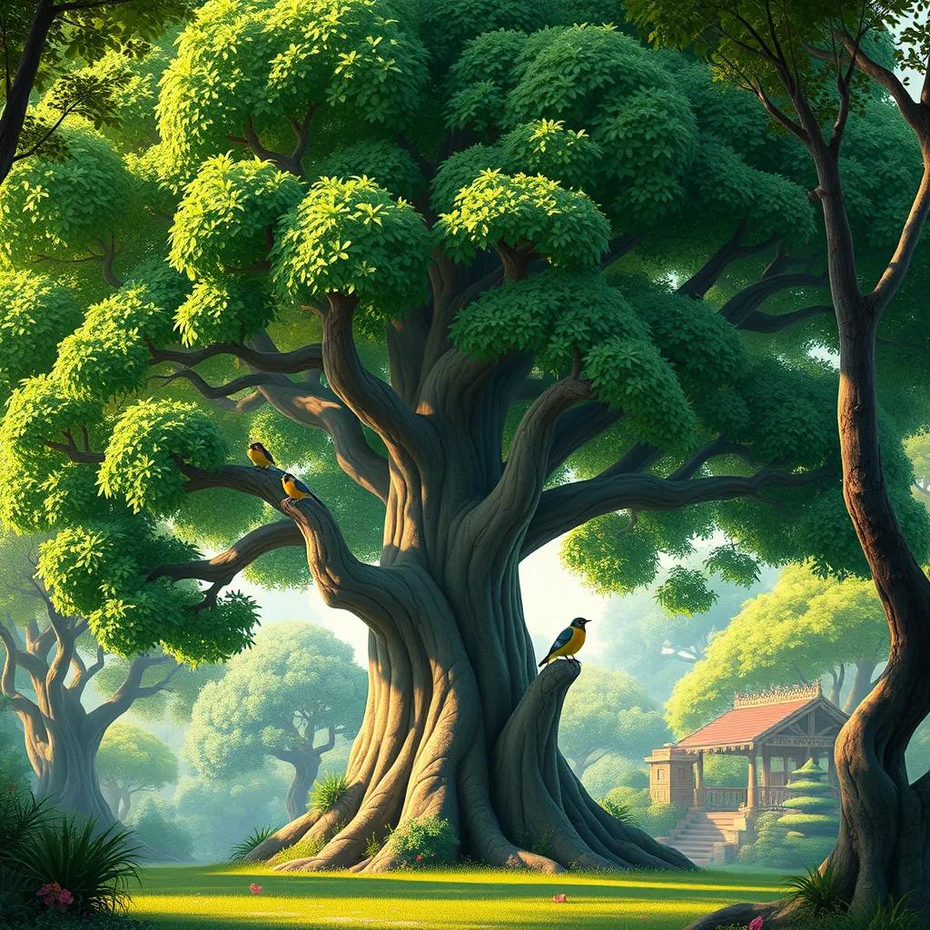 A large, majestic frankincense tree in a happy forest, with lush green foliage and birds perched on its branches, digital art, vibrant colors, inviting atmosphere, high quality