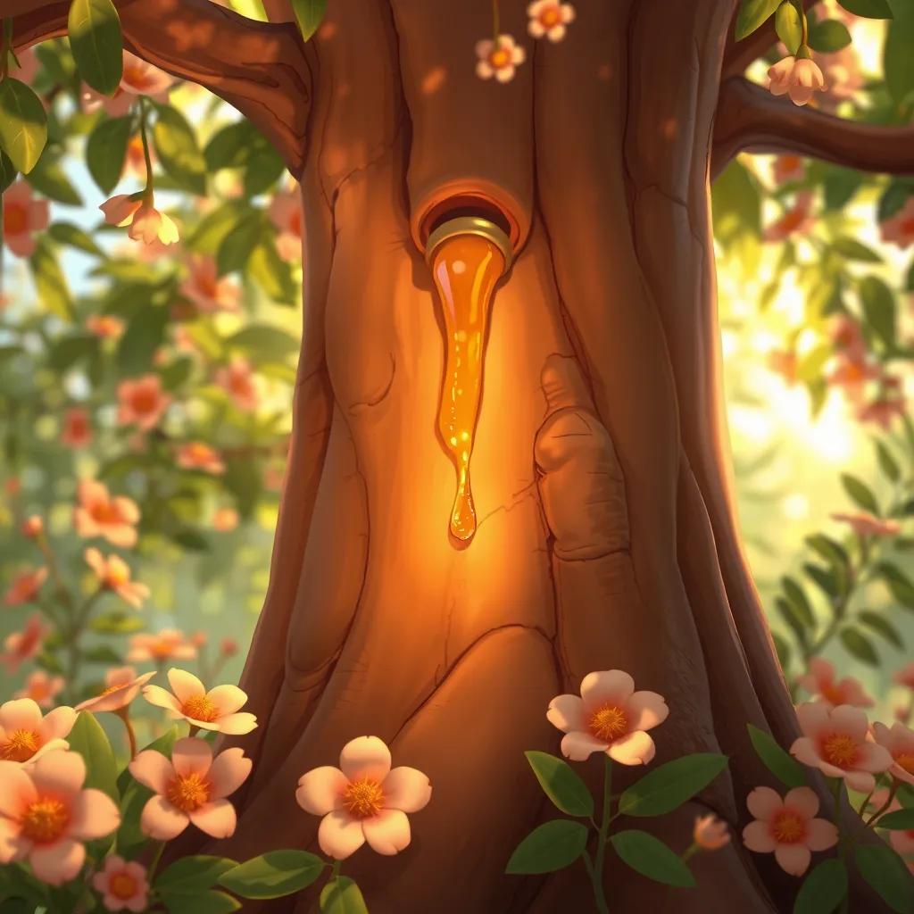 A close-up of the frankincense tree's trunk showing resin dripping, surrounded by flowers and soft sunlight filtering through leaves, detailed illustration, warm light, cheerful imagery, high quality