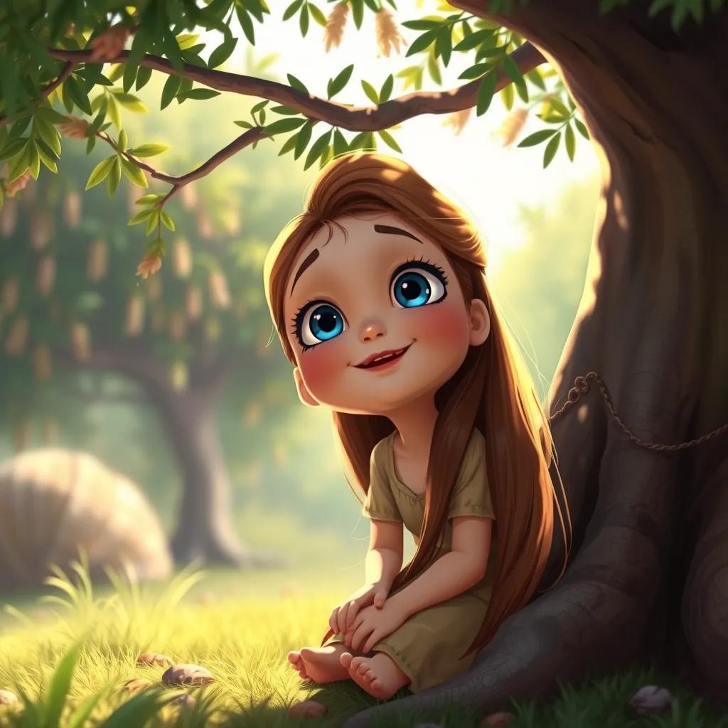 A little girl with long hair and blue eyes sitting under the shade of the frankincense tree, looking up and smiling, digital painting, bright colors, playful mood, high quality