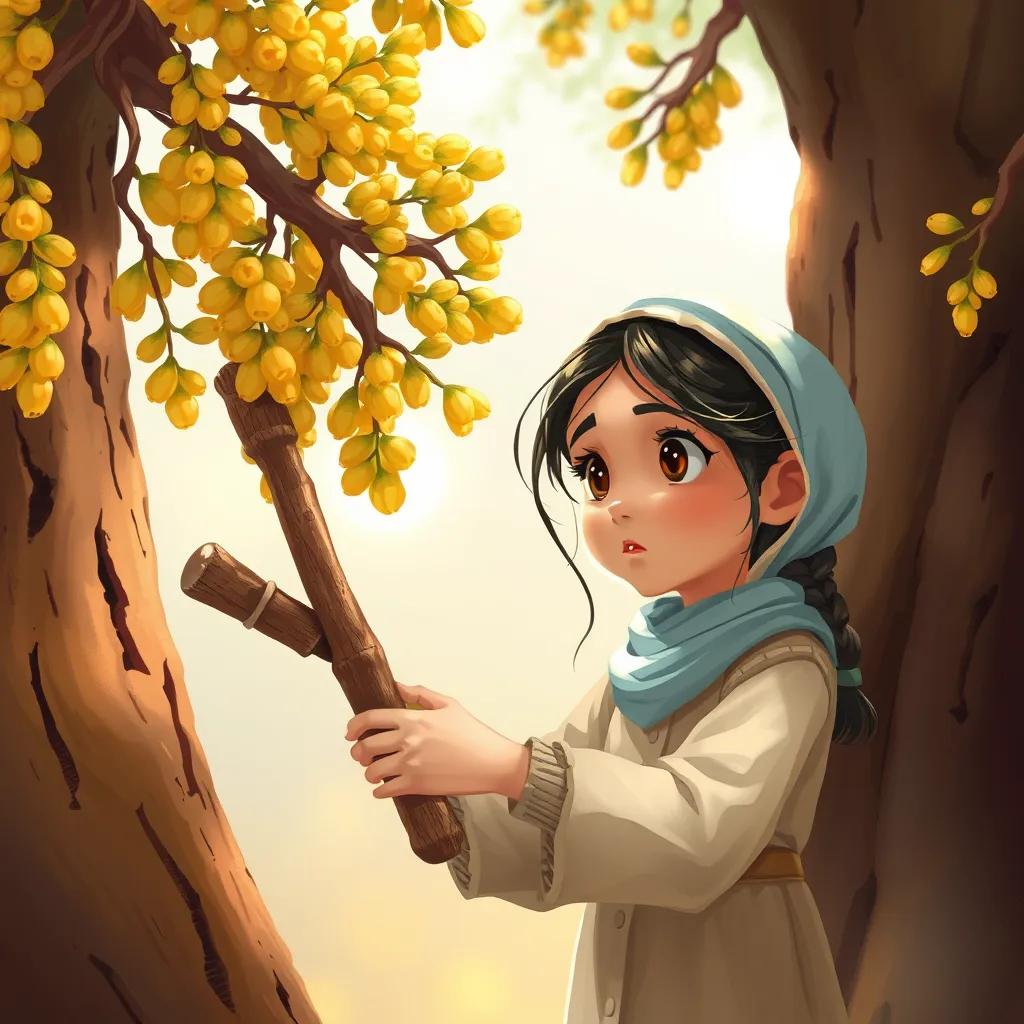 The girl using an old tool called 'manqaf' to collect frankincense resin from the tree, with her curious expression, illustration, detailed, educational view, high quality