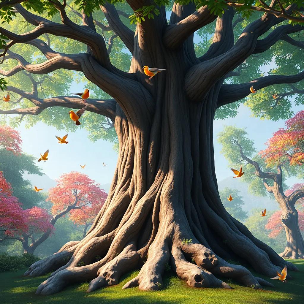 A large tree named Luban, with deep roots and wide branches, surrounded by beautiful birds singing joyfully, in a vibrant forest, digital art, bright colors, inviting atmosphere, high quality