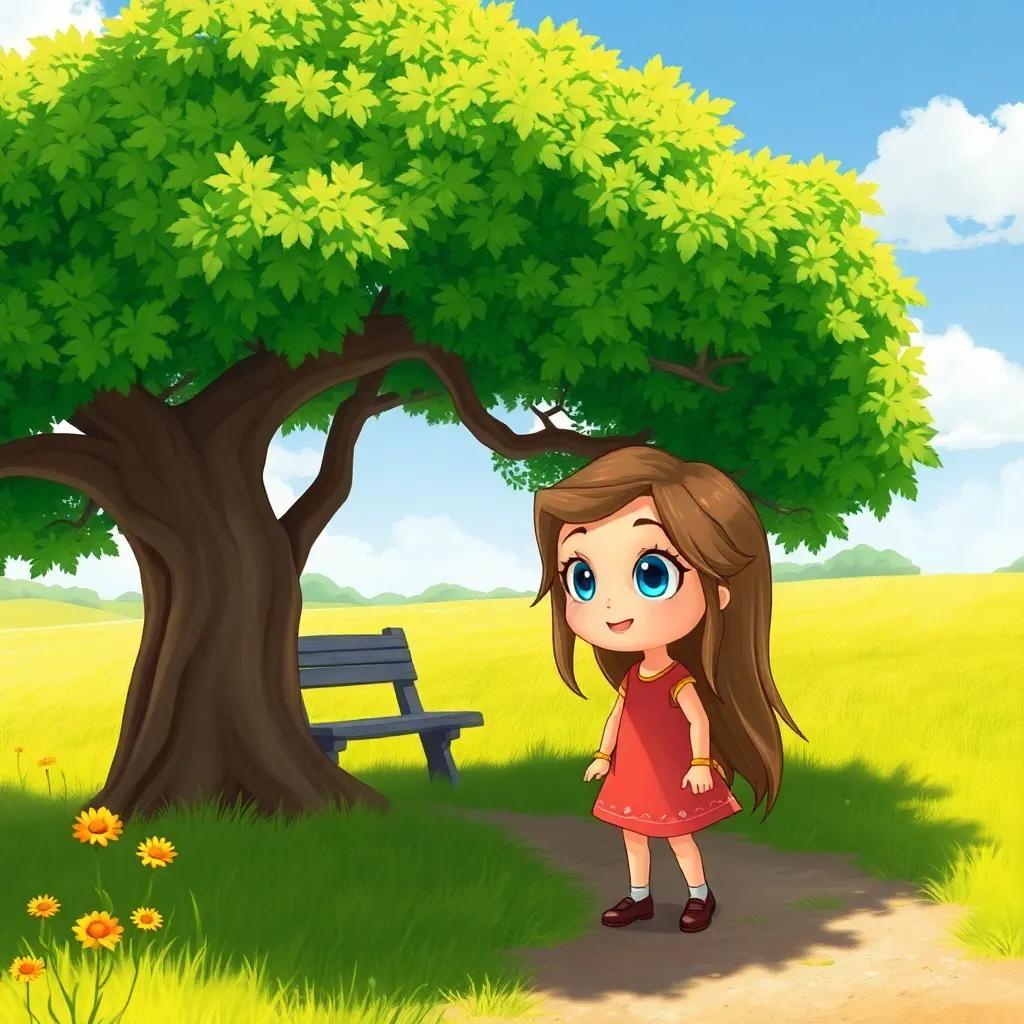 A little girl with long hair and blue eyes approaching the Luban tree, asking if she can sit under its shade, surrounded by a bright sunny day, illustration, cheerful, friendly atmosphere, high quality