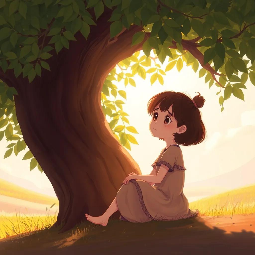 The girl sitting under the Luban tree, asking it about its name and the secret of its sweet smell, with sunlight filtering through the leaves, illustration, warm tones, captivating view, high quality