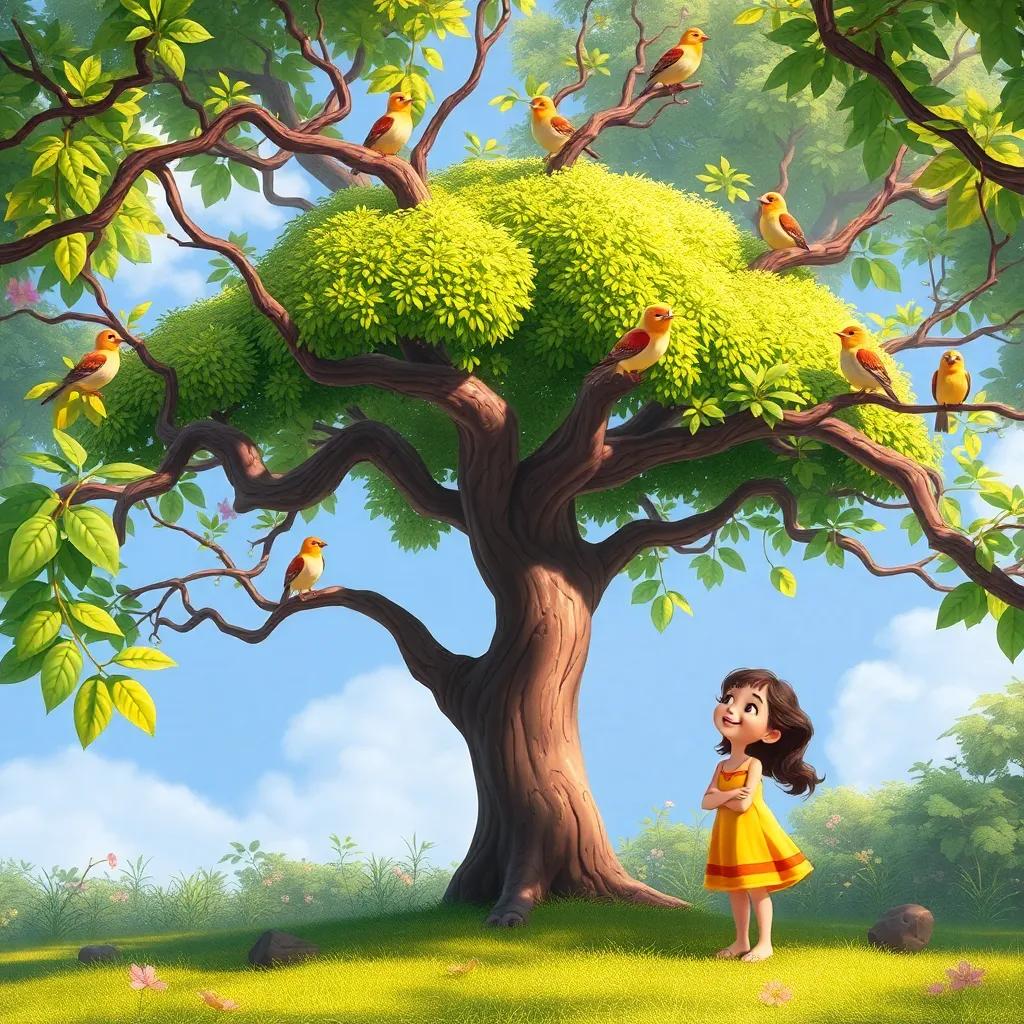 The Luban tree laughing gently, revealing its name to the girl, with birds perched on its branches, digital painting, cheerful colors, friendly environment, high quality