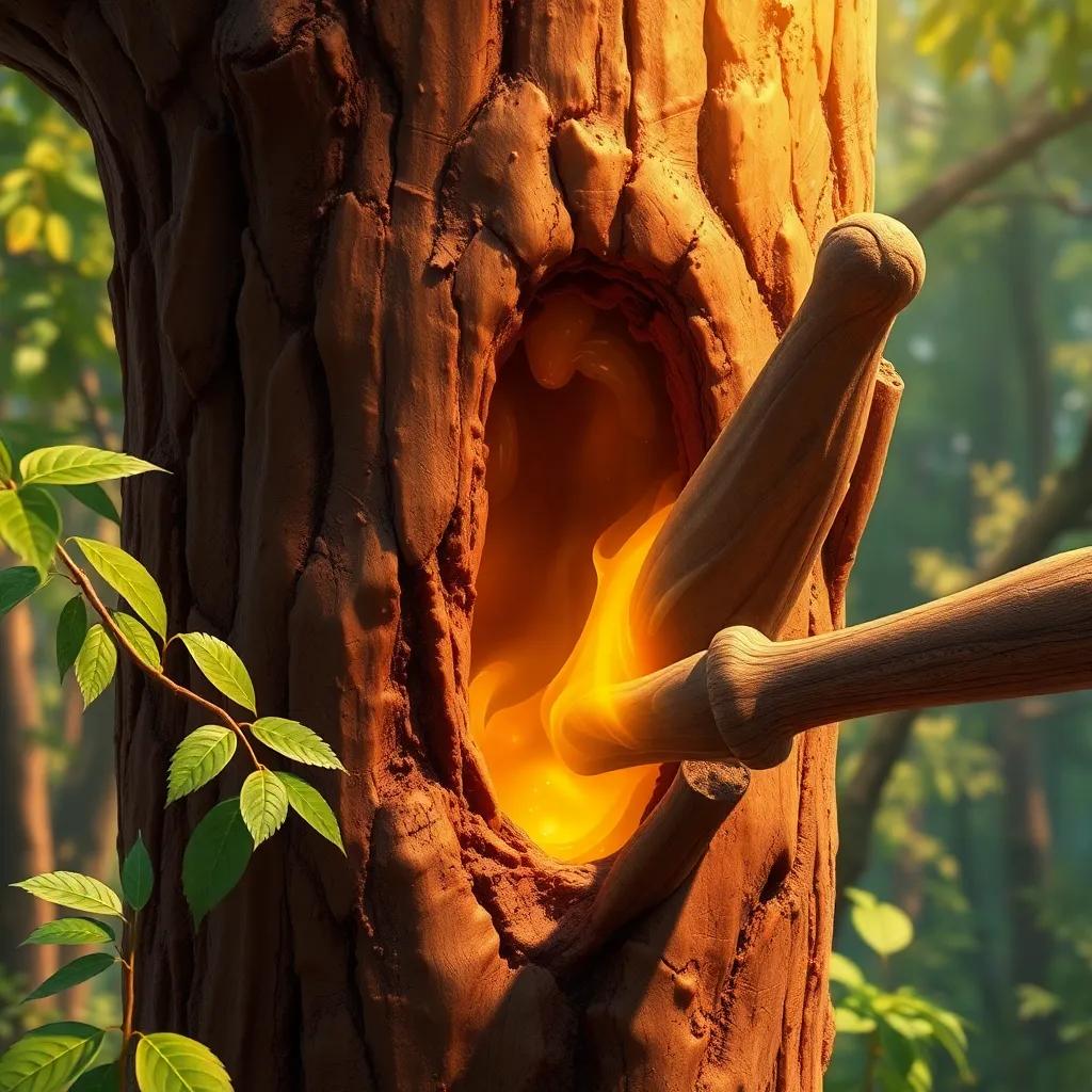 A close-up of the Luban tree, showing how resins are extracted from its trunk, with a tool called 'menqaf' being used, in a beautiful forest scene, informative art, warm light, detailed illustration, high quality