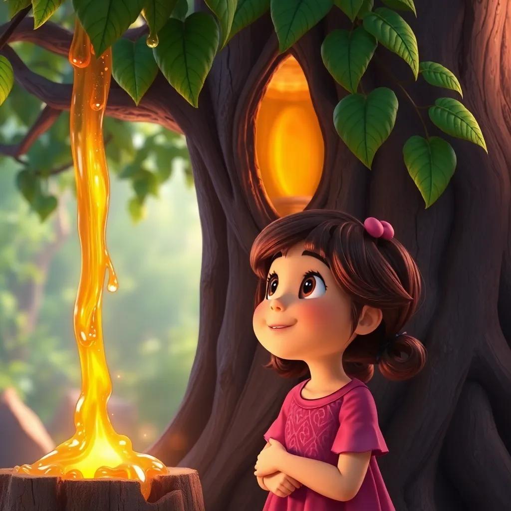The girl listening intently to the Luban tree explaining how the resin is collected in stages, with a sense of excitement, heartwarming atmosphere, vibrant colors, high quality