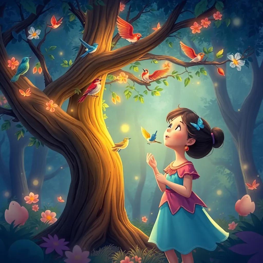 The girland the Luban tree singing together with birds, their melodies filling the forest, creating a sense of harmony, illustration, colorful and lively, capturing joy, high quality