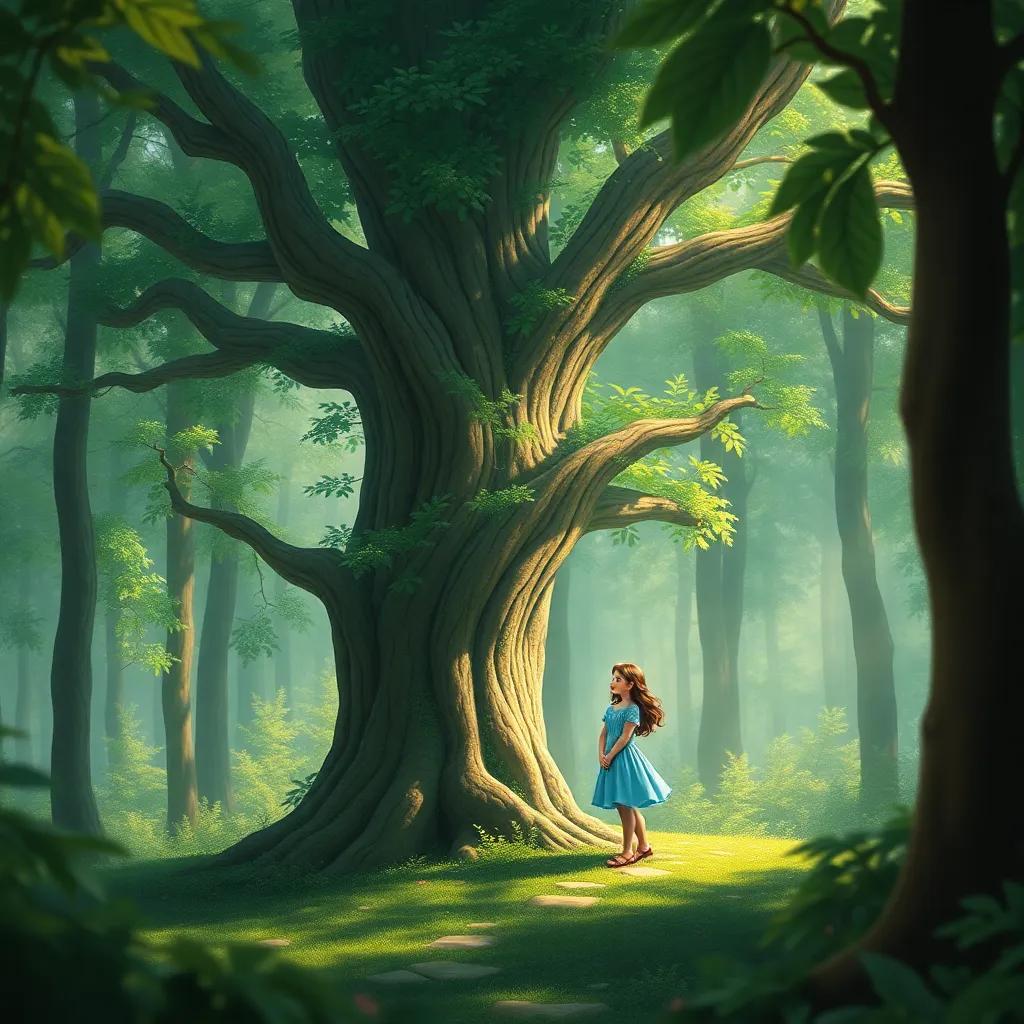The Luban tree and the girl, standing together, a symbol of friendship and beauty in the forest, surrounded by nature united, digital painting, uplifting colors, fantasy style, high quality