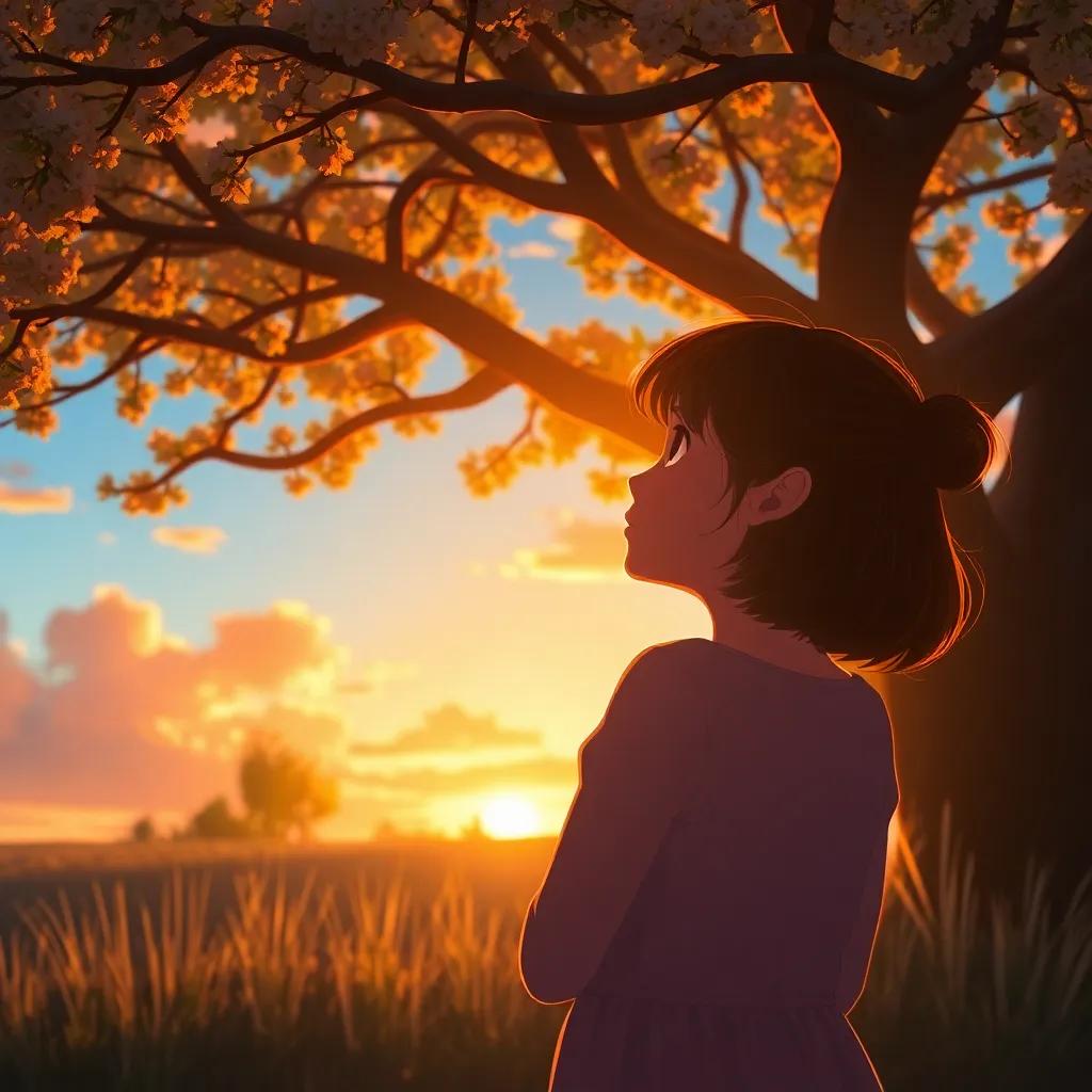 The girl looking at the sky at sunset, reflecting on her day under the Luban tree, feeling grateful, a beautiful scene of nature, warm light and soft colors, high quality