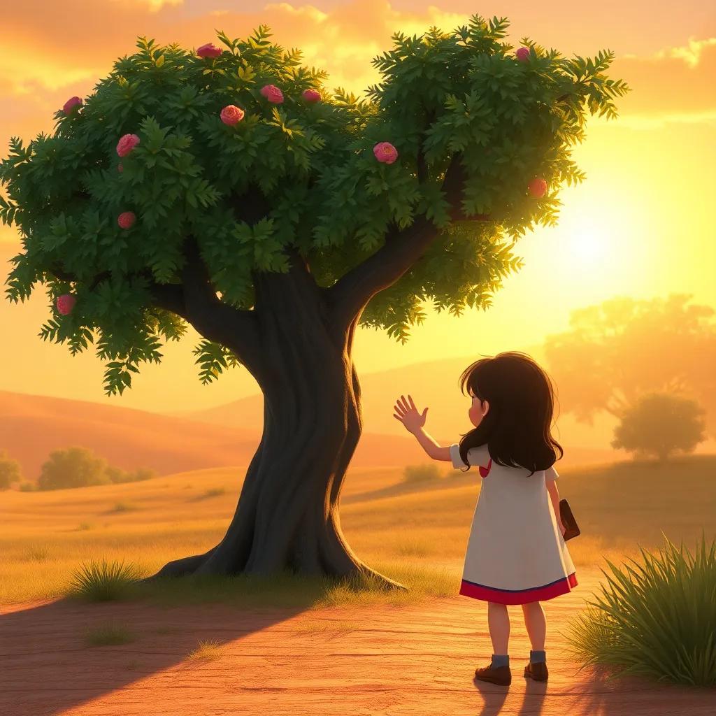 The girl waving goodbye to the Luban tree, promising to return, with the sun setting behind them, creating a lovely end to the day, digital art, rich colors, heartwarming imagery, high quality