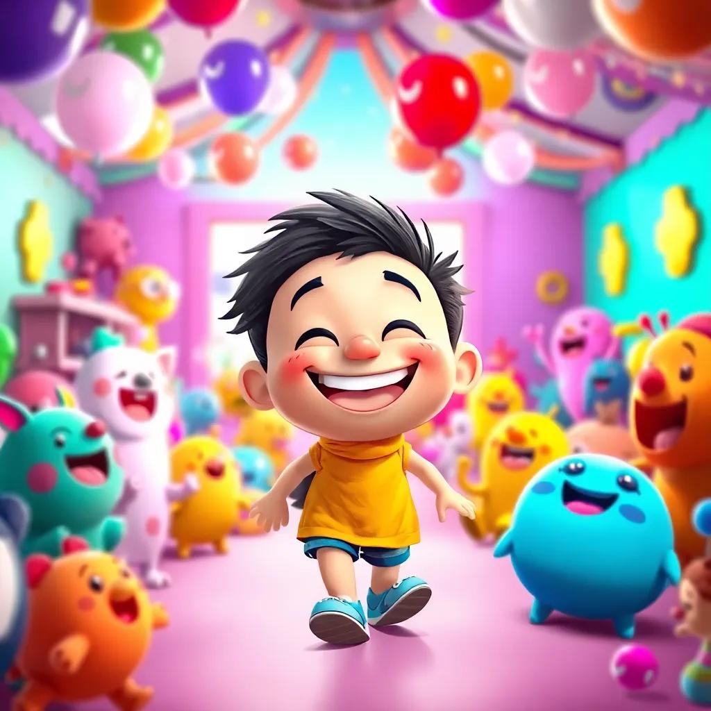 A cartoon character with a big smile, walking into a colorful room filled with laughter, surrounded by cheerful creatures, vibrant colors, joyful atmosphere, digital art, playful, inviting scene