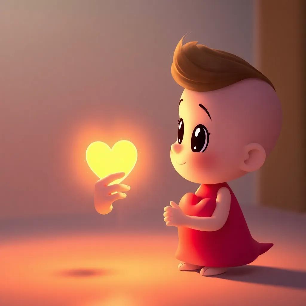 A cartoon character touching a small heart that shines brightly in a warm light, with a glowing aura, representing love and kindness, soft colors, heartwarming, enchanting view, digital painting