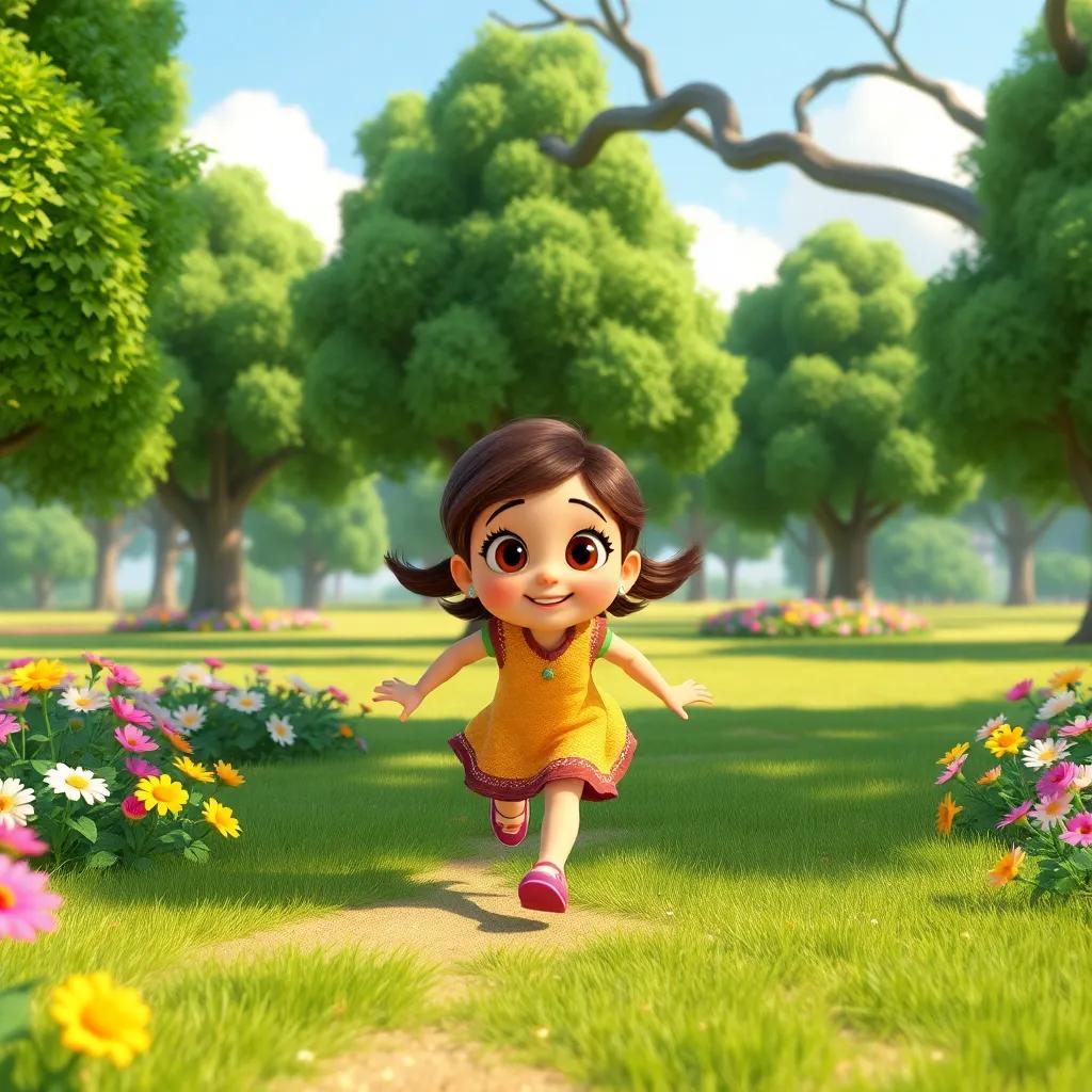 A little girl, Shatha, with brown hair and big eyes, running joyfully through a wide green park, surrounded by large trees and colorful flowers, digital art, cheerful atmosphere, bright and sunny day, high quality