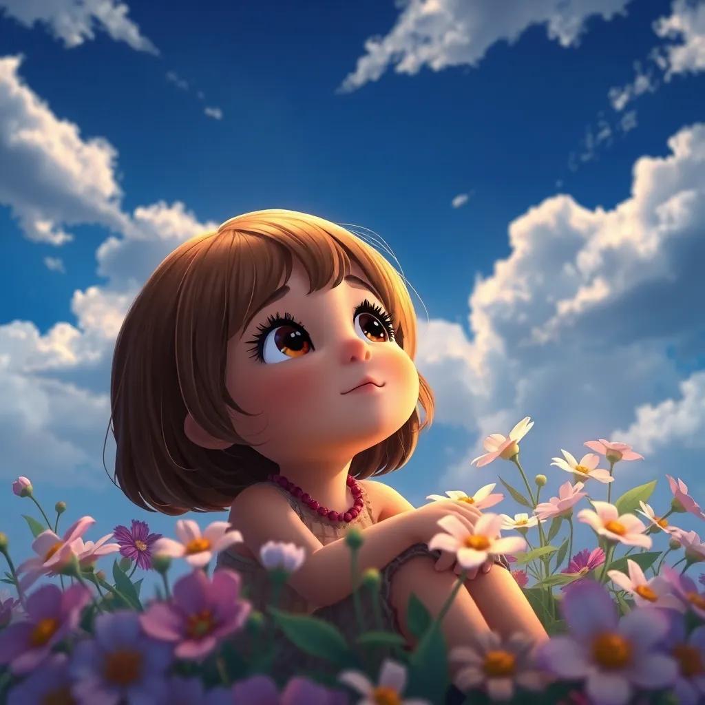 A little girl, Shatha, with brown hair and big eyes, sitting peacefully among flowers, gazing up at the sky filled with clouds, deep blue with hints of white, thoughtful expression, artful lighting, reflective mood, high quality