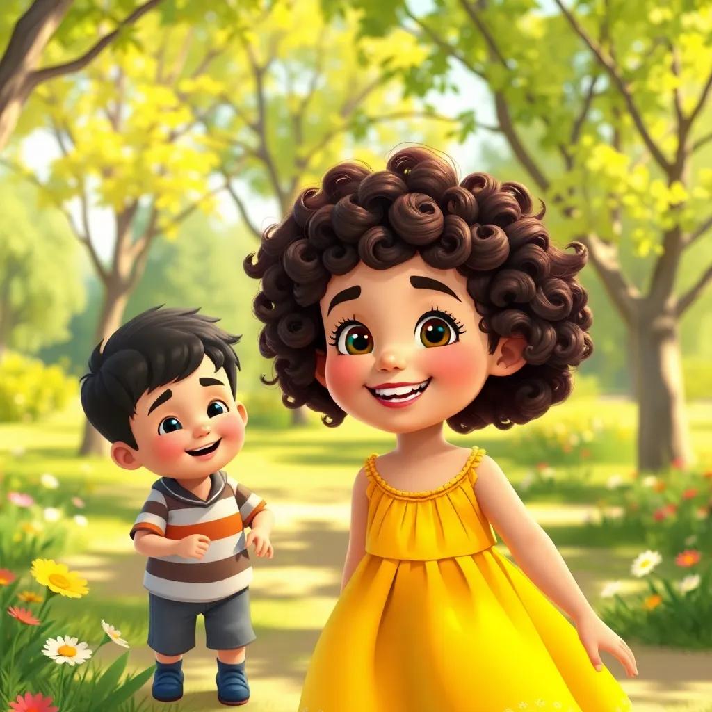 A cheerful young girl, Shadha, with curly brown hair wearing a bright yellow dress, playing in a sunny park with her little brother Muath, surrounded by trees and flowers, digital art, cheerful colors, inviting atmosphere, high resolution