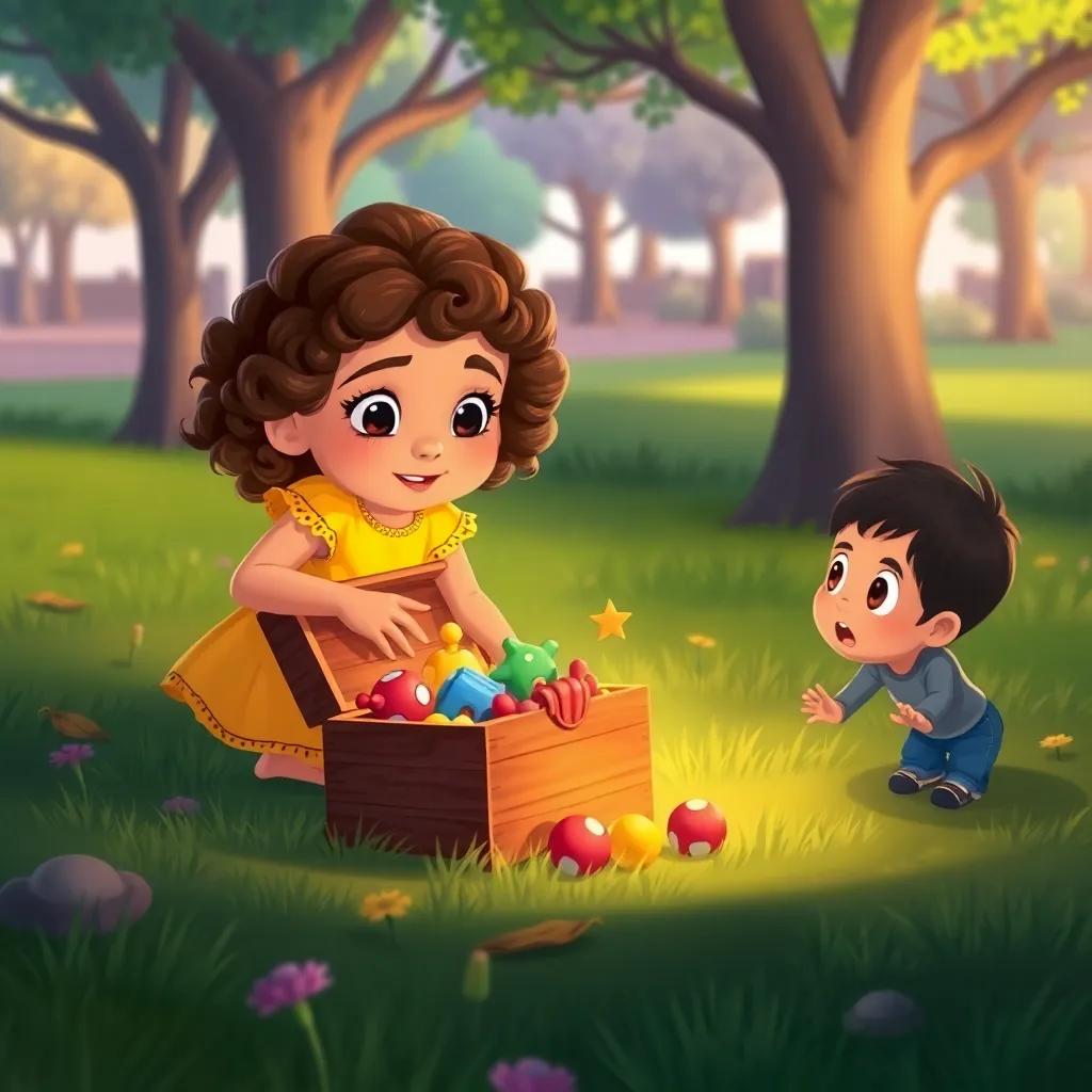 Shadha, a young girl with curly brown hair in a bright yellow dress, discovering a small treasure chest in the park, filled with colorful toys, her brother Muath looking amazed, illustration, vibrant colors, playful mood, child-friendly