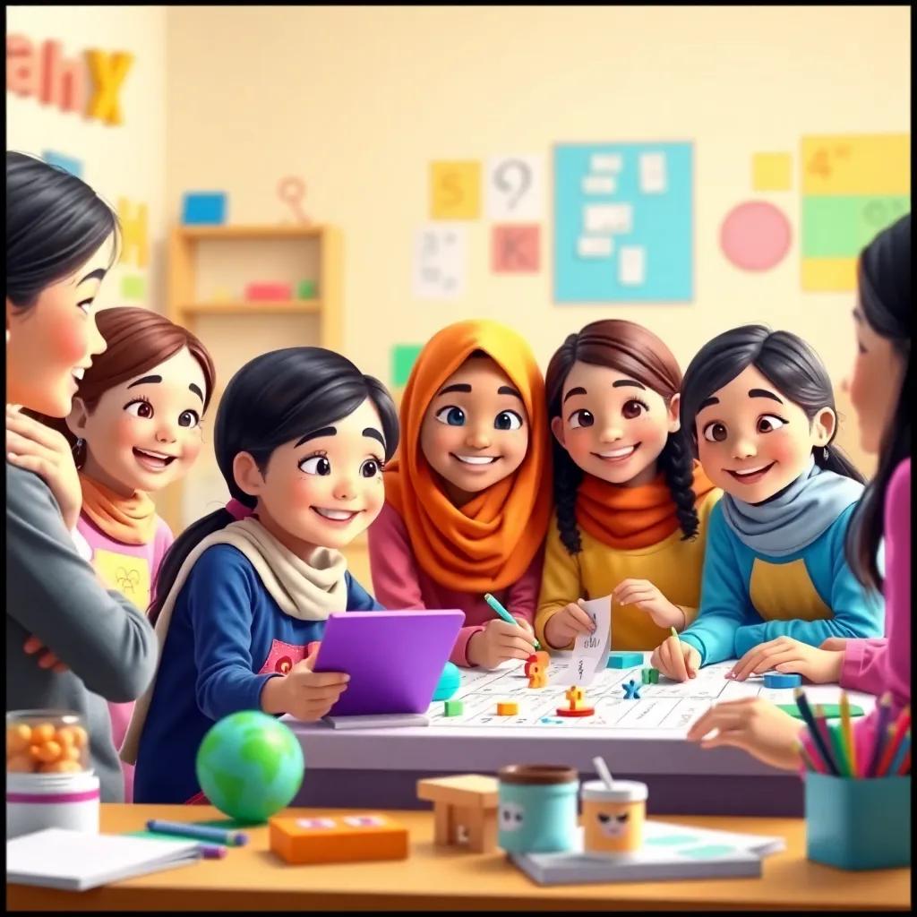A group of young girls engaged in a fun math games with Ms. Fatima guiding them, lots of colorful materials and learning tools around, joyful expressions, well-lit, uplifting vibe