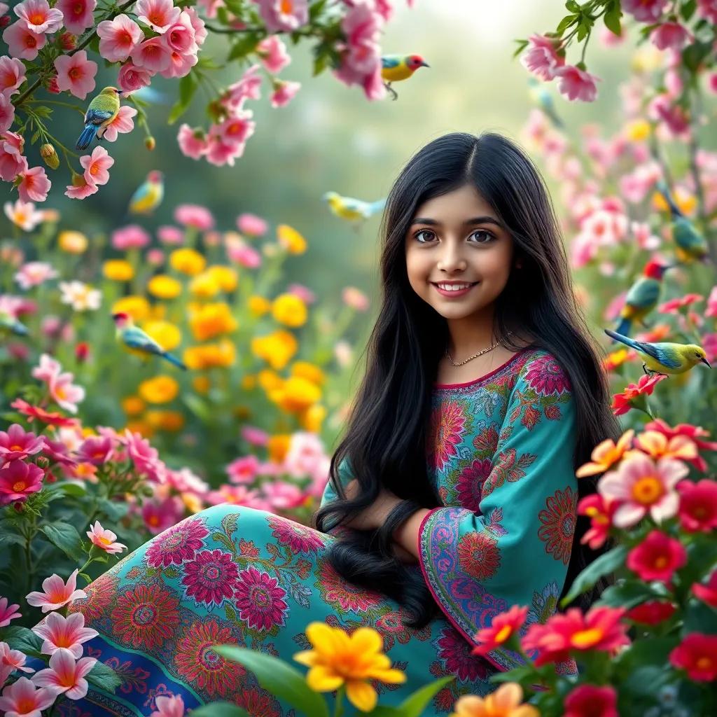A young Arab girl, Leila, with long black hair, wearing a colorful dress, sitting in her garden surrounded by blooming flowers and singing birds, vibrant colors, cheerful atmosphere, detailed digital art