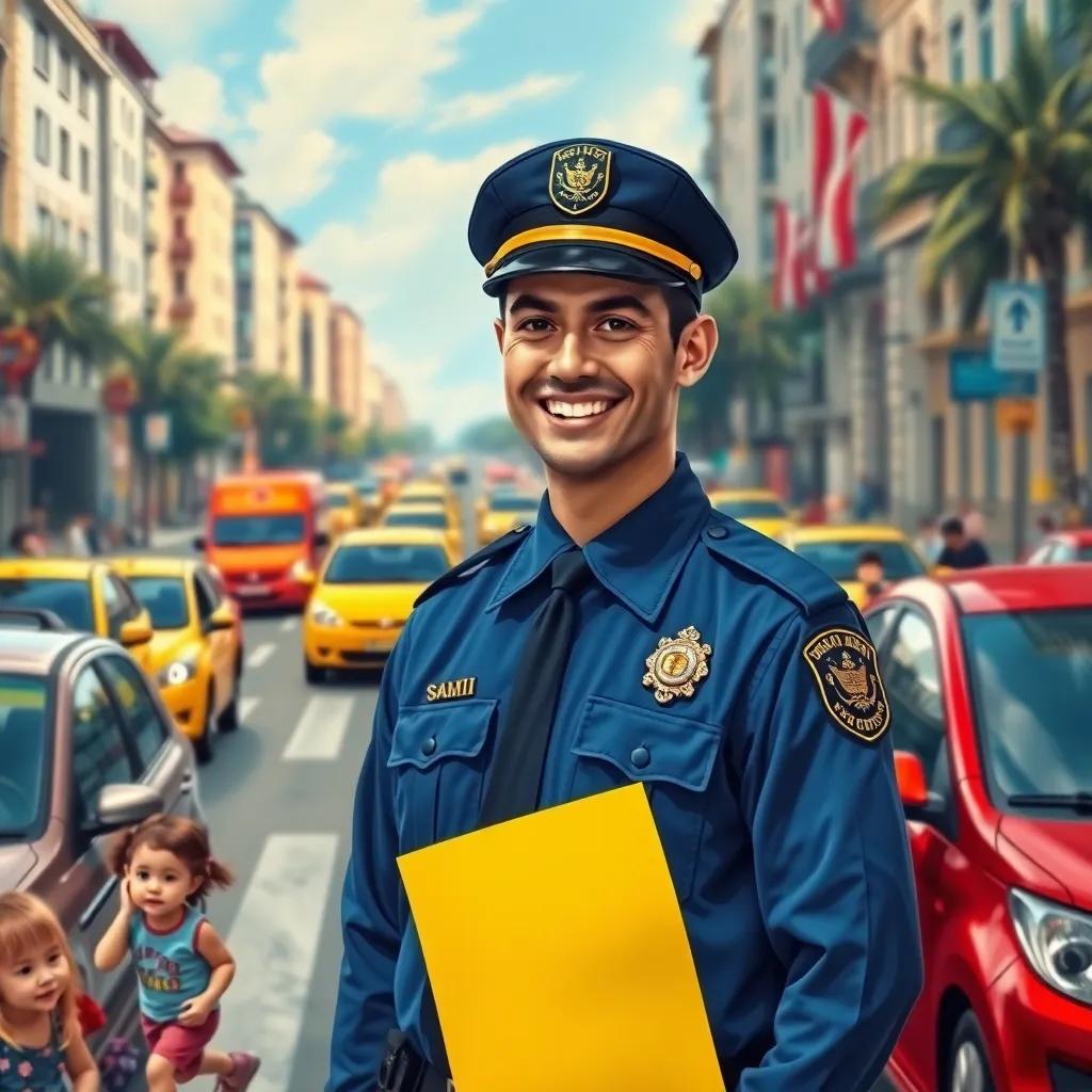 A traffic policeman, Sami, with a bright smile, wearing a blue uniform and a cap, standing on a busy street, surrounded by colorful cars and children waiting to cross, cheerful, vibrant, playful atmosphere