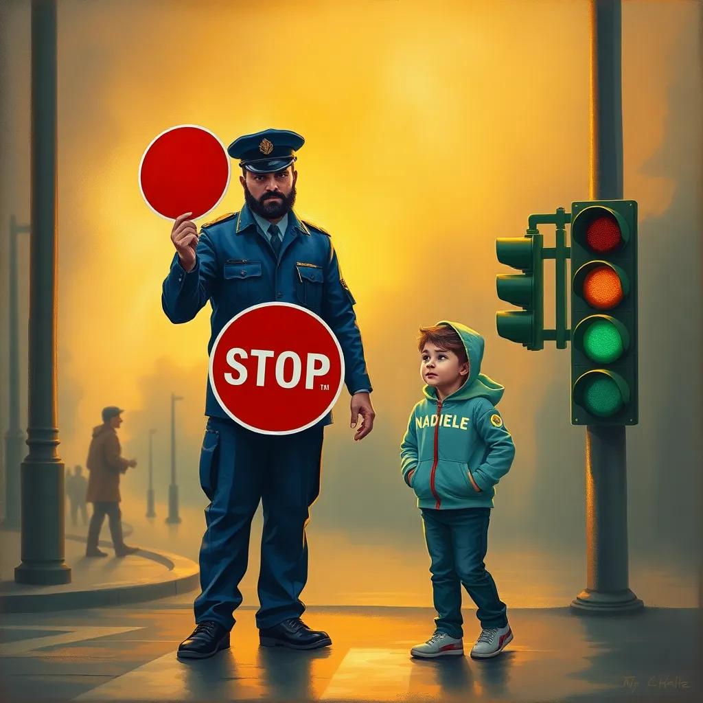 Sami, the traffic policeman, holding a stop sign, guiding a small boy named Nader, who looks a bit scared, in front of a green traffic light, warm light, friendly scene, captivating view