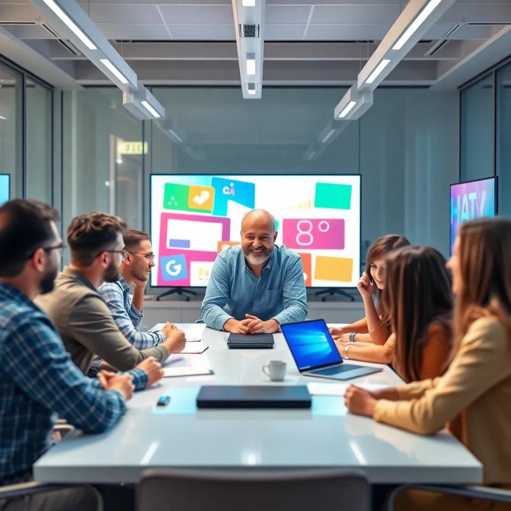 A modern office with a creative team brainstorming around a table, colorful screens showing animations, a middle-aged man with a friendly smile leading the team, bright and inviting atmosphere, digital art, engaging and vibrant colors, high quality