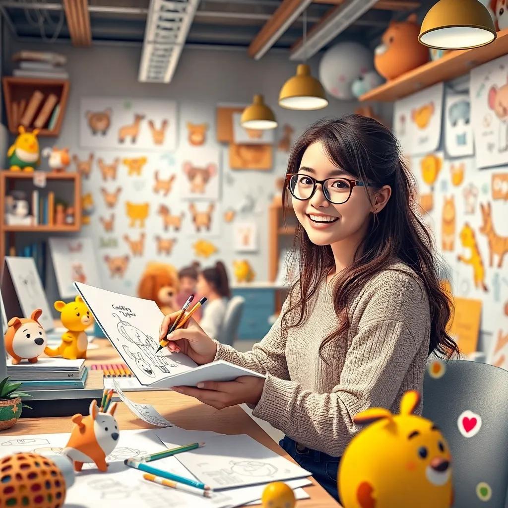 A lively animation studio filled with drawings of animal characters, a young female designer sketching ideas with excitement, group collaboration happening, creativity flowing through, cheerful atmosphere, illustration, warm colors, high quality