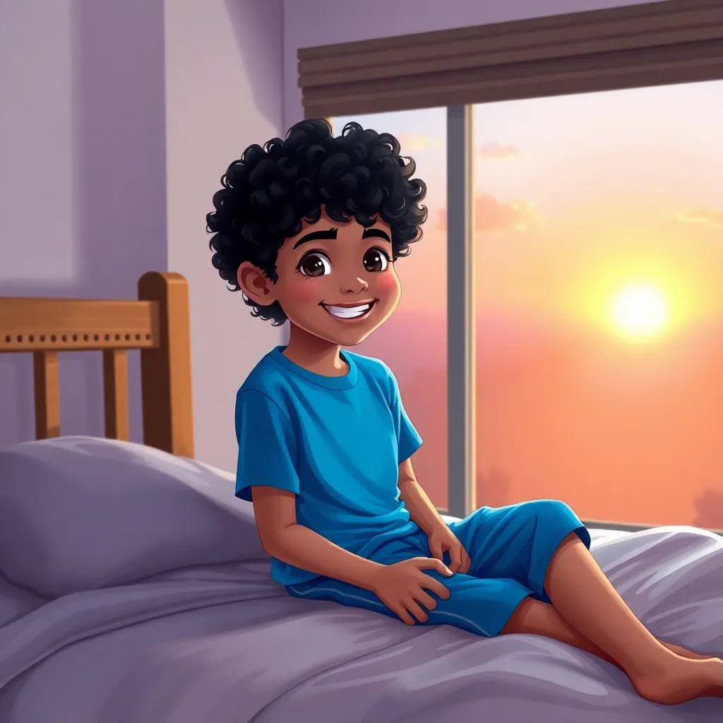 A young Arab boy, Muhammad, with curly black hair, wearing a blue t-shirt and shorts, sitting on his bed with a big smile, looking out the window at a beautiful sunrise, digital art, warm colors, cheerful atmosphere, high quality