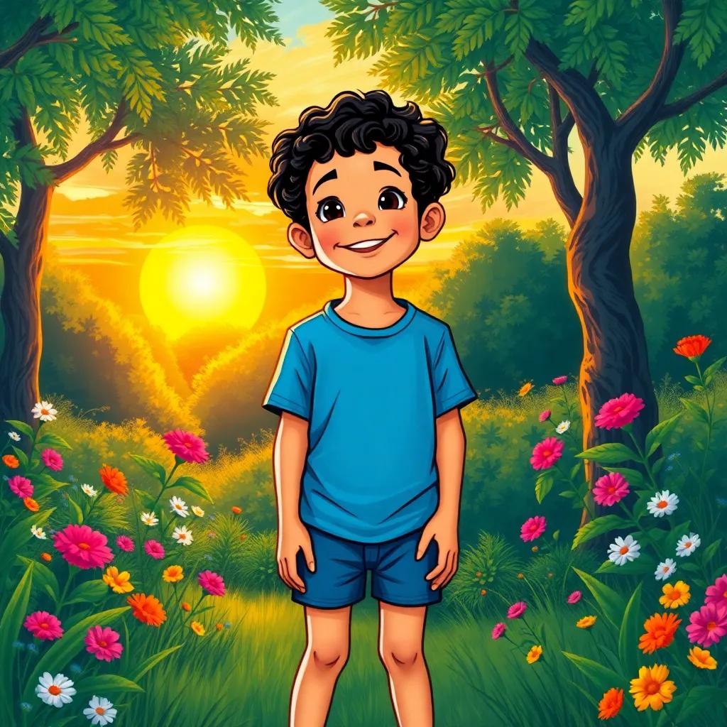 A young Arab boy, Muhammad, with curly black hair, wearing a blue t-shirt and shorts, standing in a lush garden surrounded by trees and flowers, admiring the vibrant sunrise, illustration, bright colors, joyful ambiance, child-friendly