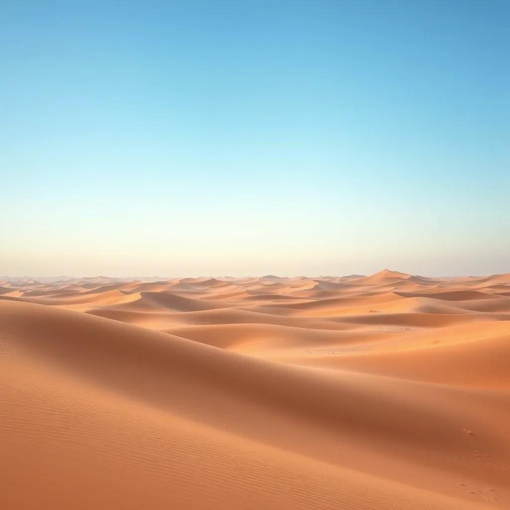 A vast desert landscape with sand dunes under a clear blue sky, showcasing the Arabian nomadic lifestyle, digital art, warm colors, serene atmosphere, high quality