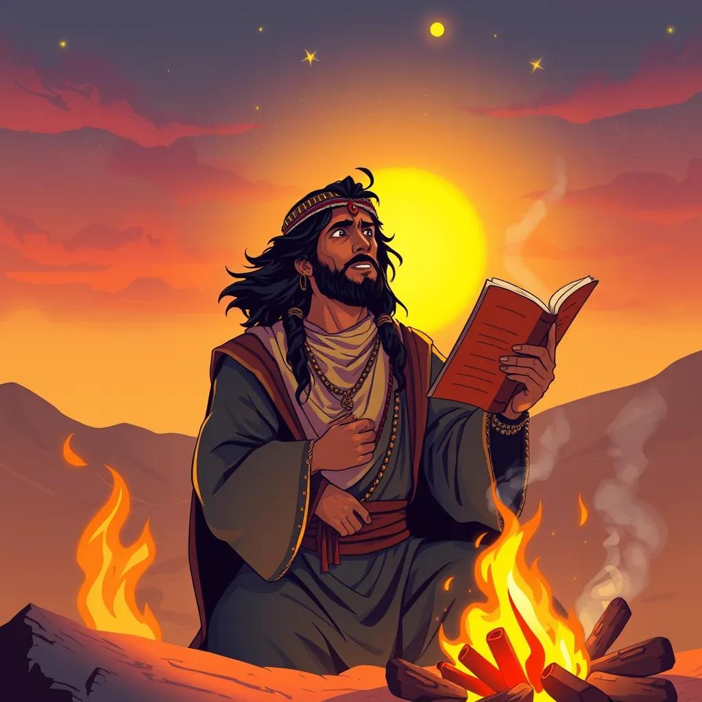 A famous Arab poet, Antara bin Shaddad, a proud desert warrior with dark hair and traditional Arabian attire, passionately reciting poetry near a campfire, illustration, vibrant colors, powerful expression, high quality