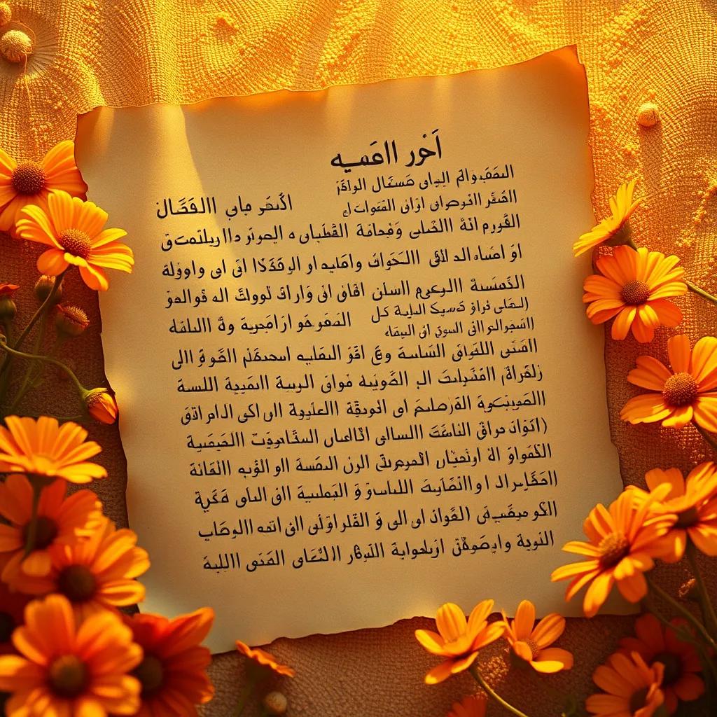 A collection of ancient Arabic poems written on parchment, surrounded by beautiful desert flowers, warm golden light, artistic layout, child-friendly, storytelling view