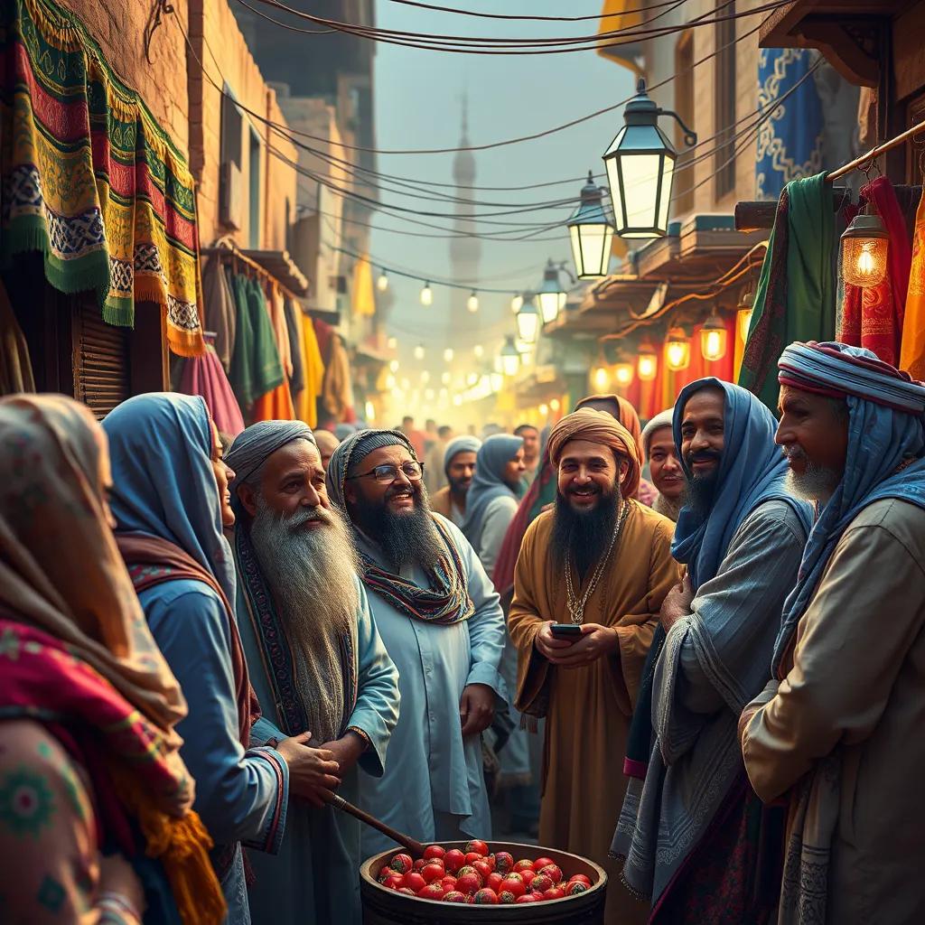 A lively traditional Arabian market with people gathering around poets, colorful textiles and goods, joyful expressions, cheerful atmosphere, high quality
