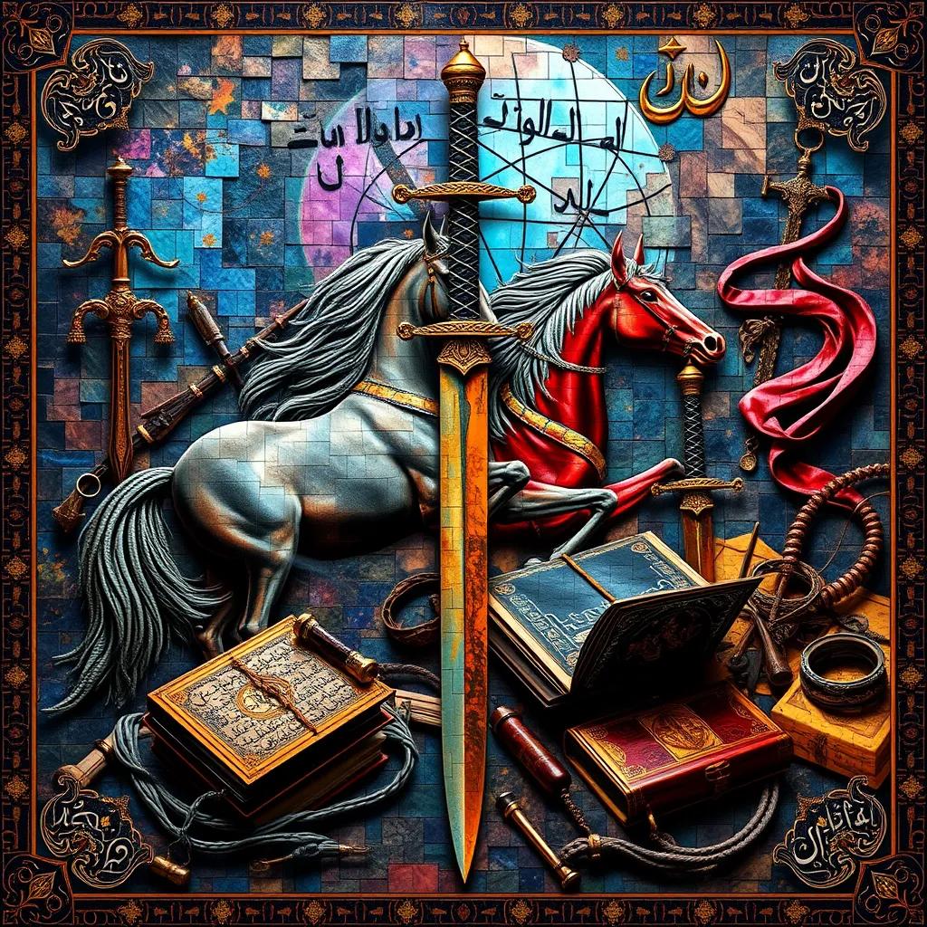 Arabian cultural symbols like horses, swords, and ancient poetry books, blended together in a beautiful mosaic, rich colors, artistic representation, high quality