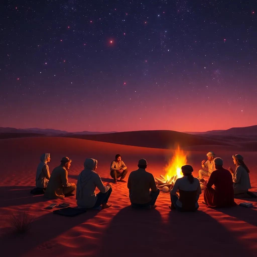 A desert scene with poets gathering around a large fire at night, vibrant stars shining above, showcasing a warm and inviting atmosphere, digital art, warm colors, high quality