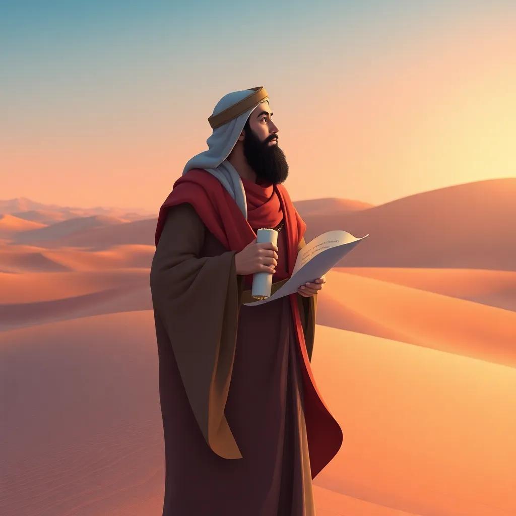 A famous poet, Imru' al-Qais, standing in the desert with flowing robes, holding a scroll and gazing at the horizon, deep in thought, illustration, serene, inspirational