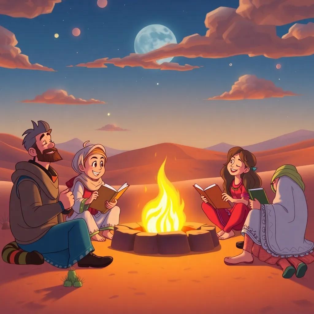 A group of poets exchanging ideas around the fire, sharing laughter and stories, surrounded by the vast beauty of the desert, child-friendly, cheerful mood