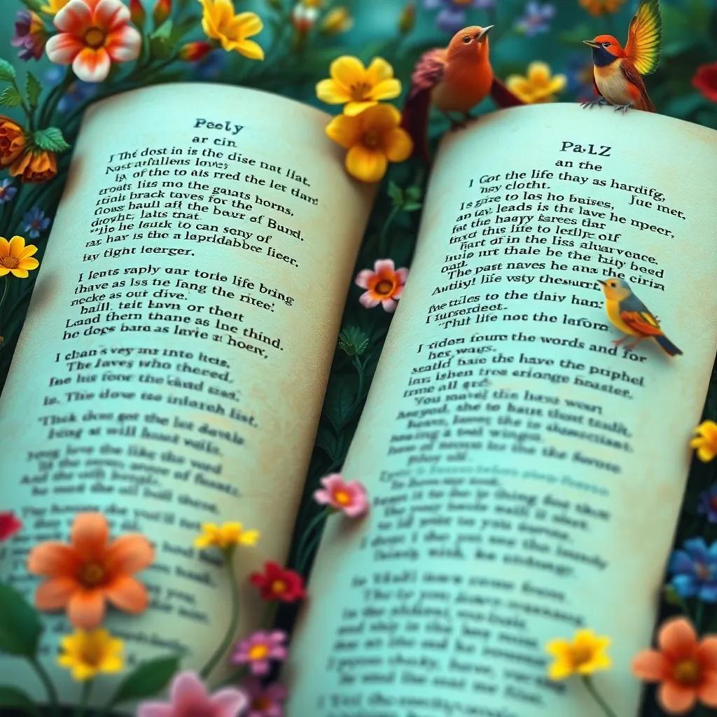 A close-up of poetry scrolls filled with vibrant verses, surrounded by nature elements like flowers and birds, symbolizing creativity and art, colorful, inspiring