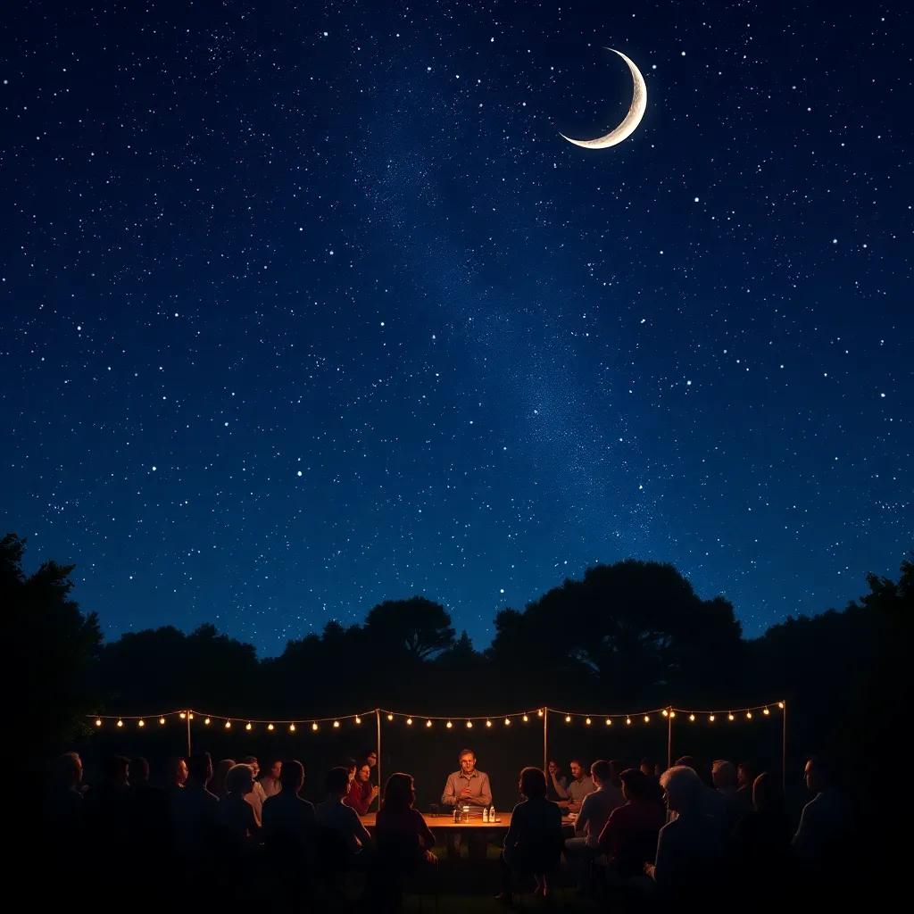 A night sky filled with stars and a crescent moon over the poets' gathering, creating a magical ambiance, sparkling, dream-like