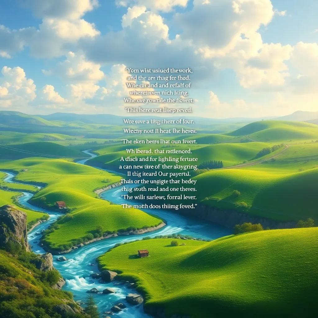 An artistic representation of nature and poetry intertwined, with green fields and flowing rivers illustrating the beauty of their words, harmonious, colorful