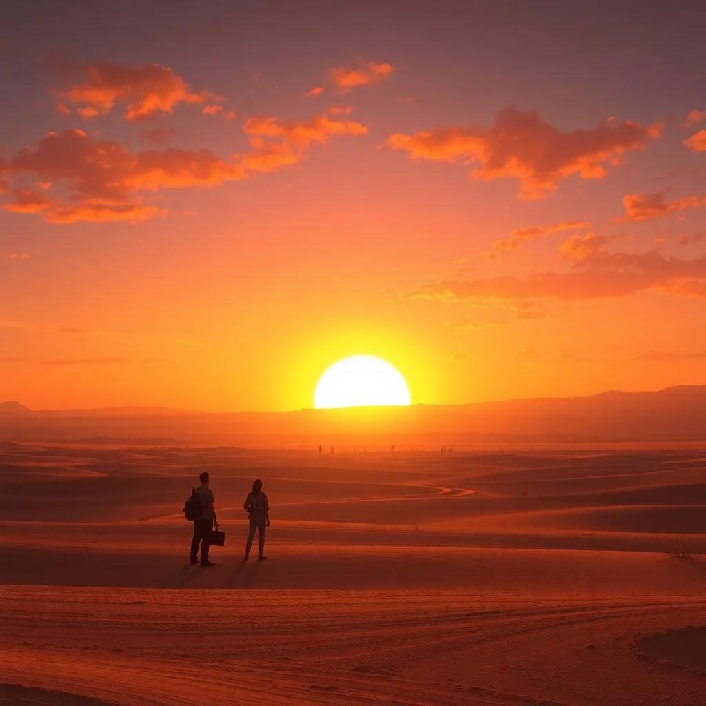 A beautiful sunset over a desert scene with shadows of poets faded in the distance, symbolizing their lasting legacy, warm tones, evocative imagery