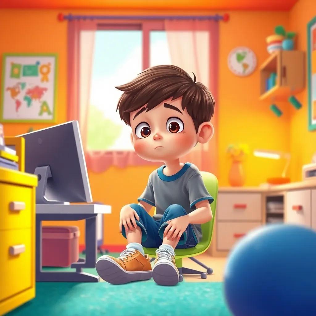 A young boy, شعر, with short hair and casual clothes, sitting in his colorful room with a computer and looking bored, digital art, vibrant colors, cheerful atmosphere, high quality