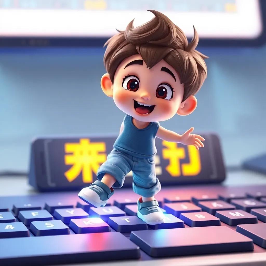شعر, a young boy with short hair and casual clothes, stepping onto the keyboard, exciting expression, letters glowing under his feet, playful art, bright colors, whimsical style, high quality